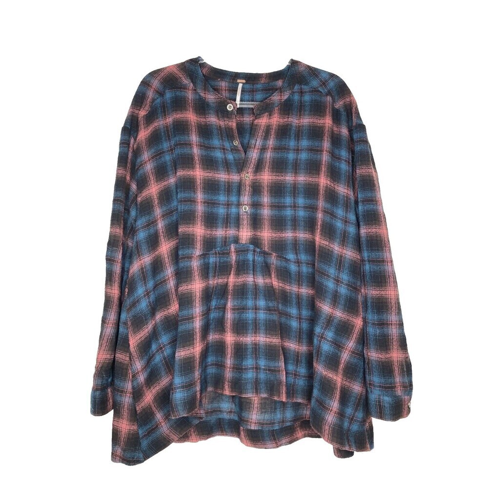 Free People Top Women Large Plaid Blue Pink Hi Lo Long Sleeve 100% Wool